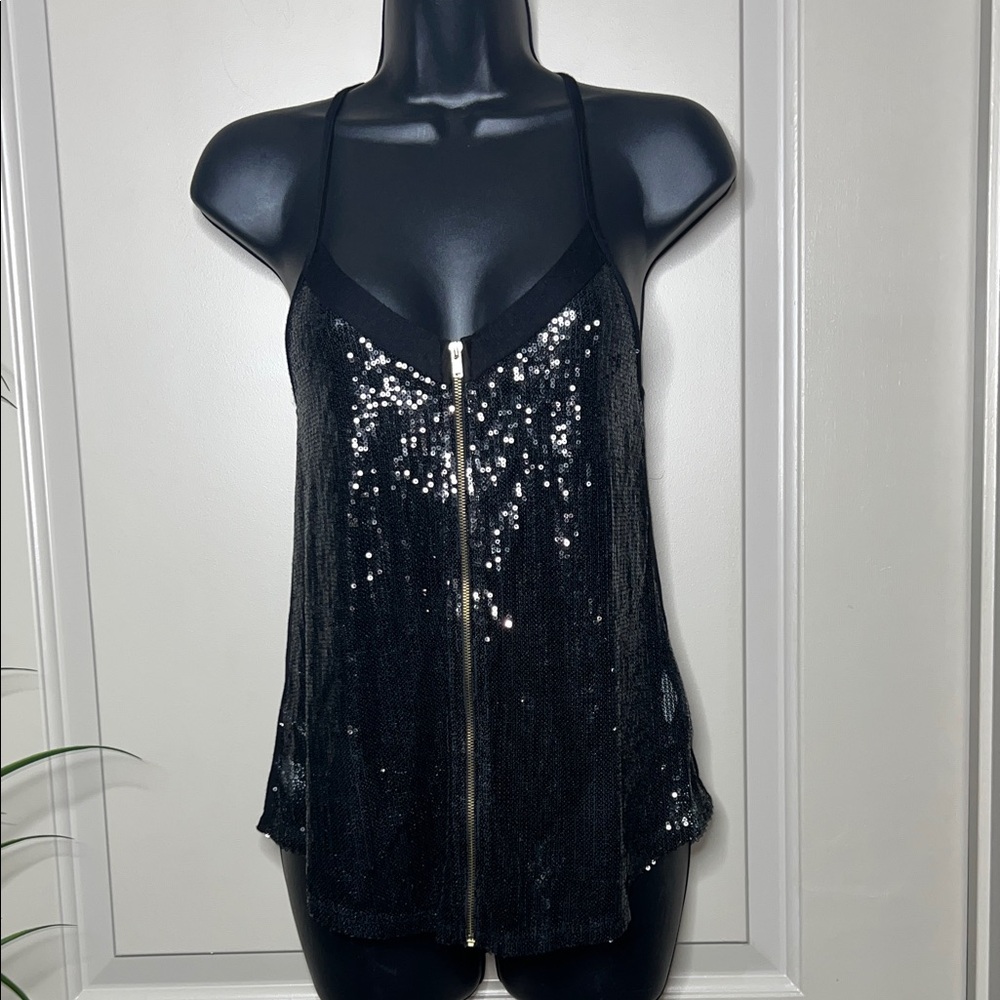 Women's Black Sequin Zip-Front Camisole